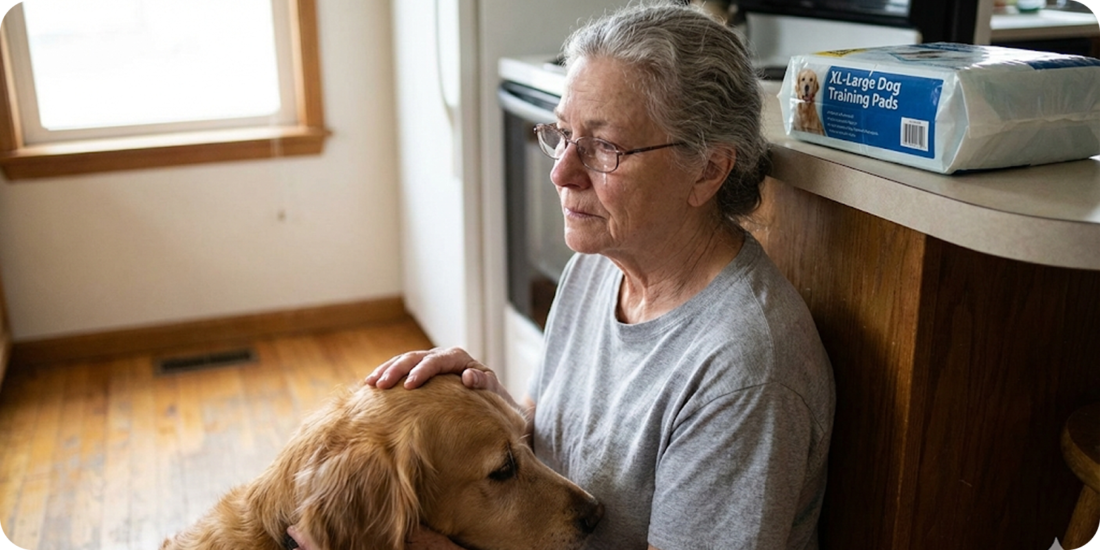 An older woman with a sad expression sits indoors petting a golden retriever.