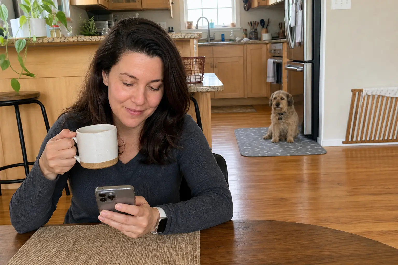A woman looks at her phone while holding a mug, as a small dog sits in the kitchen behind her.