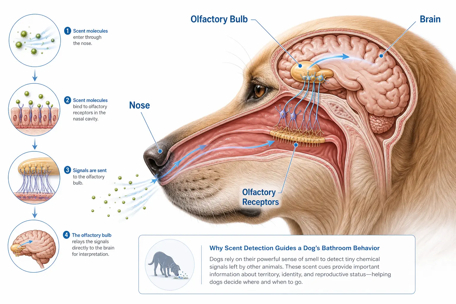 An infographic illustrating the olfactory system of a dog, showing how scent travels from the nose to the brain.