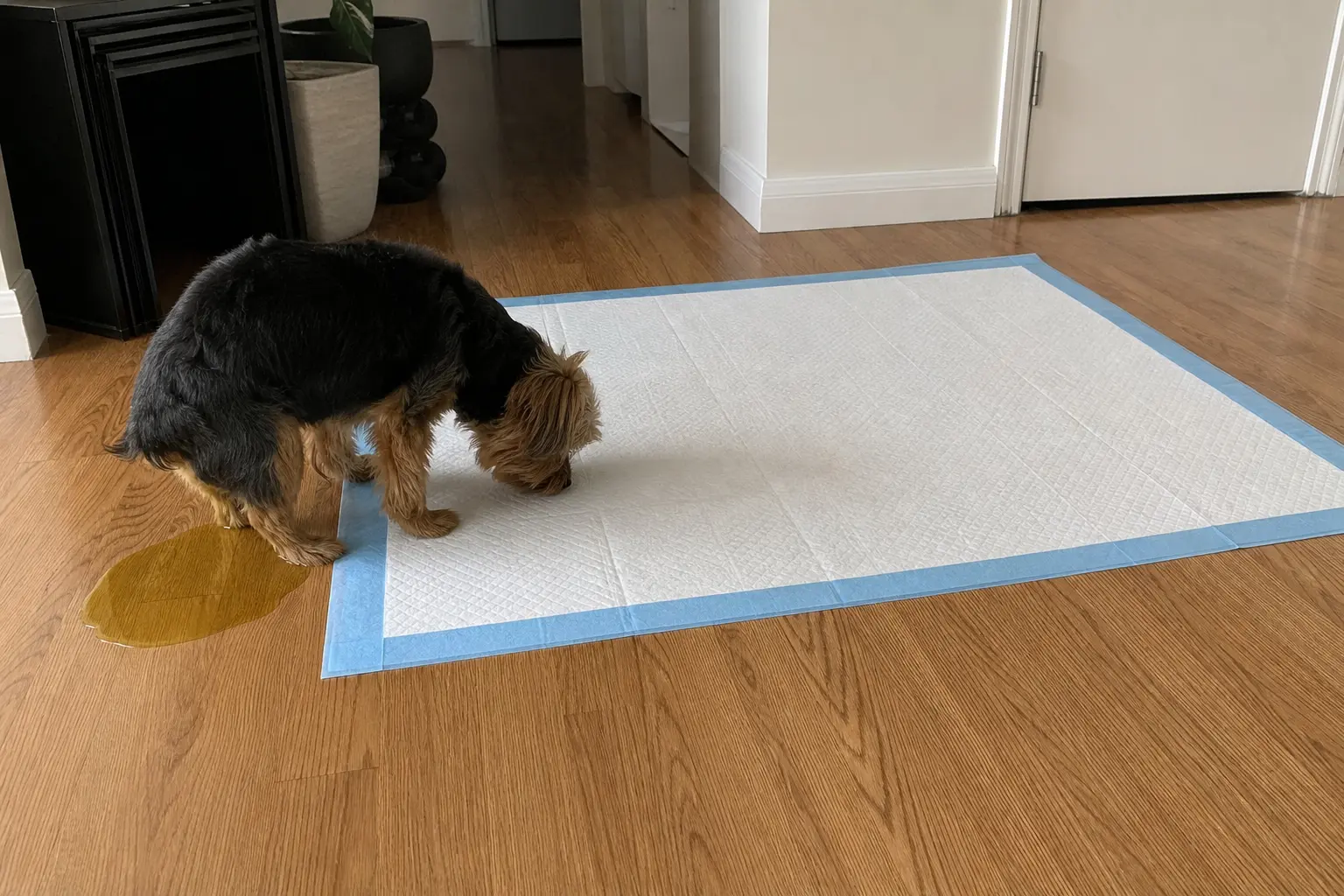 A small black and tan dog urinating on a wood floor next to a puppy training pad.