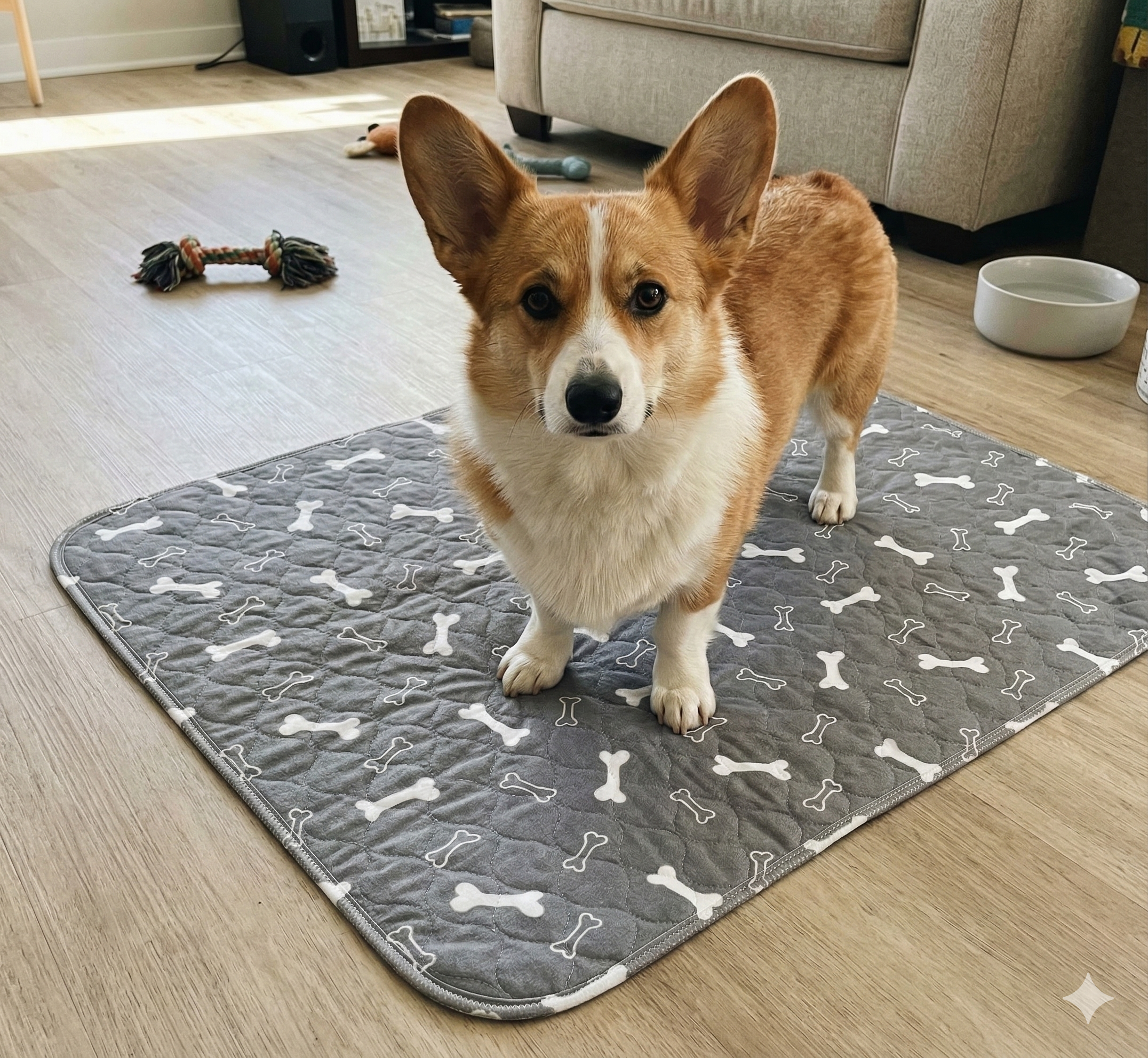 A brown and white corgi stands on a grey mat with a bone pattern, looking at the camera.