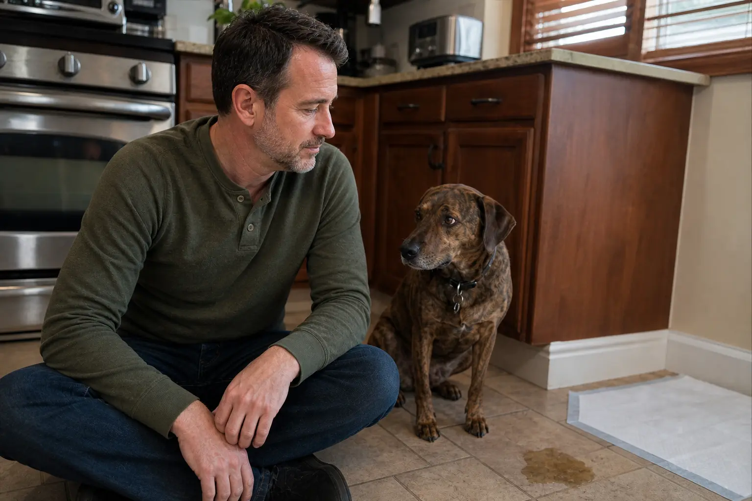 A before-and-after image showing a leaking disposable pee pad and a dog on a reusable one.