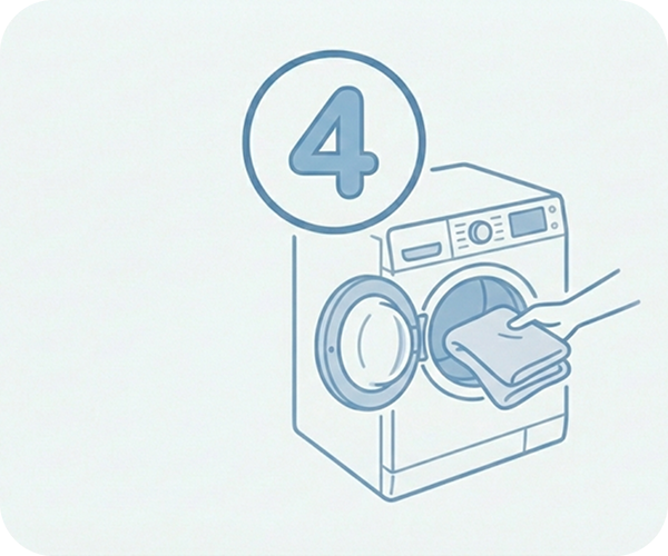 Line drawing of a hand putting laundry into a washing machine, labeled as step four.
