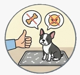 A cartoon of a person giving a thumbs-up to a small dog, with thought bubbles showing negative reinforcement symbols.