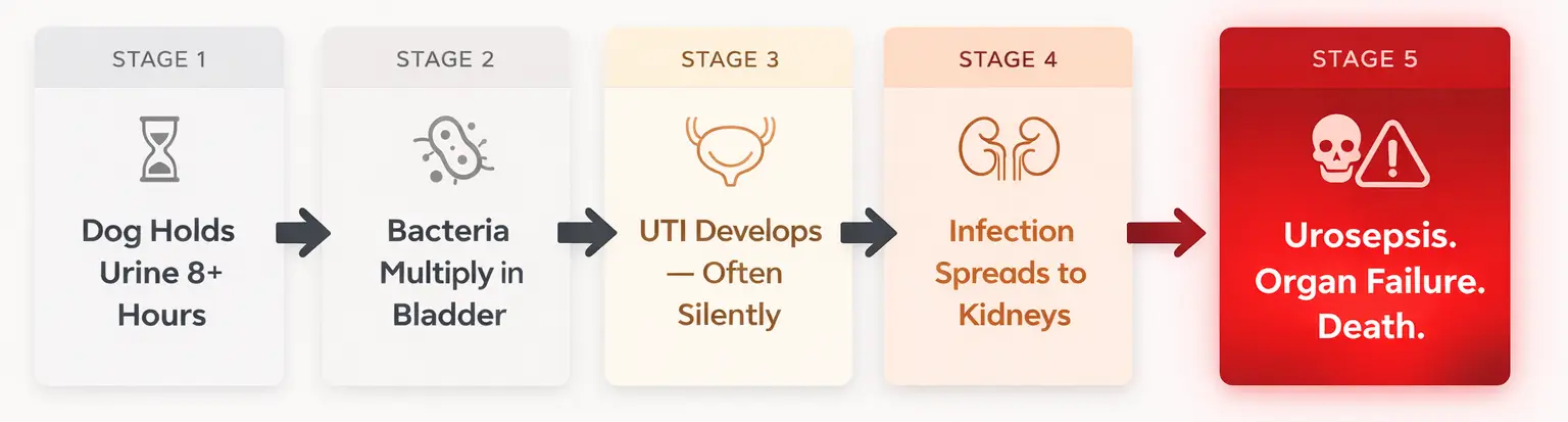 A five-stage infographic showing the progression of a canine UTI, leading to urosepsis, organ failure, and death.