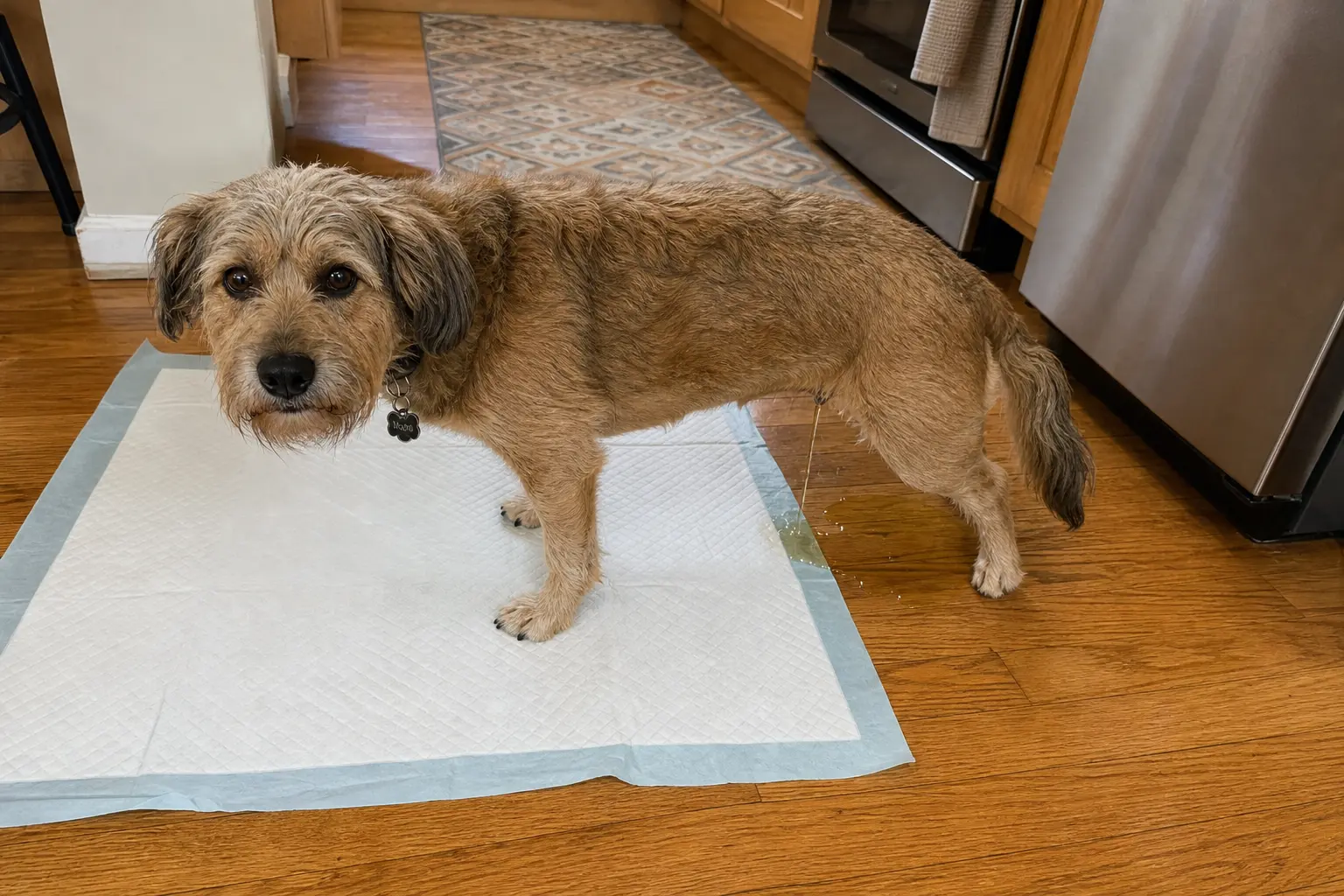 A scruffy dog urinates on a pee pad, partially missing and getting it on the hardwood floor.
