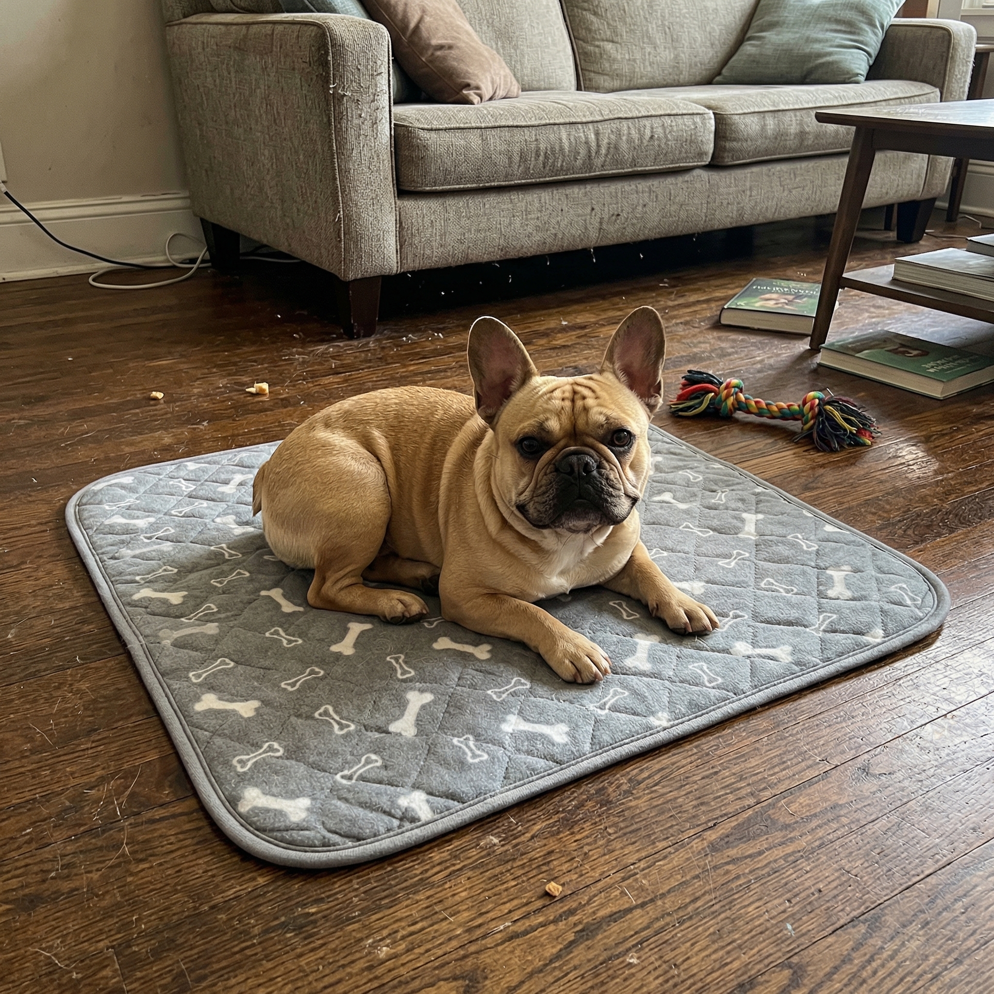 A tan French Bulldog is lying on a gray mat with a bone pattern on a wooden floor.