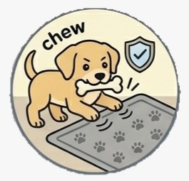 An illustration of a puppy chewing a bone while standing on a mat, with a shield icon nearby.