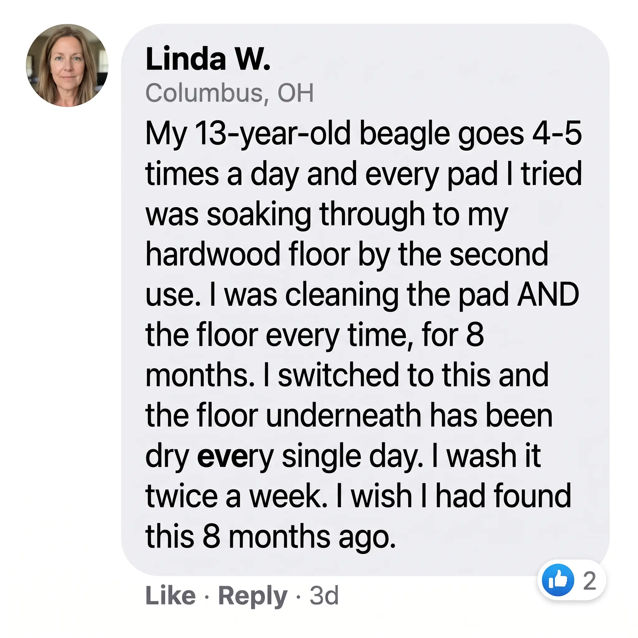 A screenshot of a customer testimonial from Linda W. praising a product for her 13-year-old beagle.