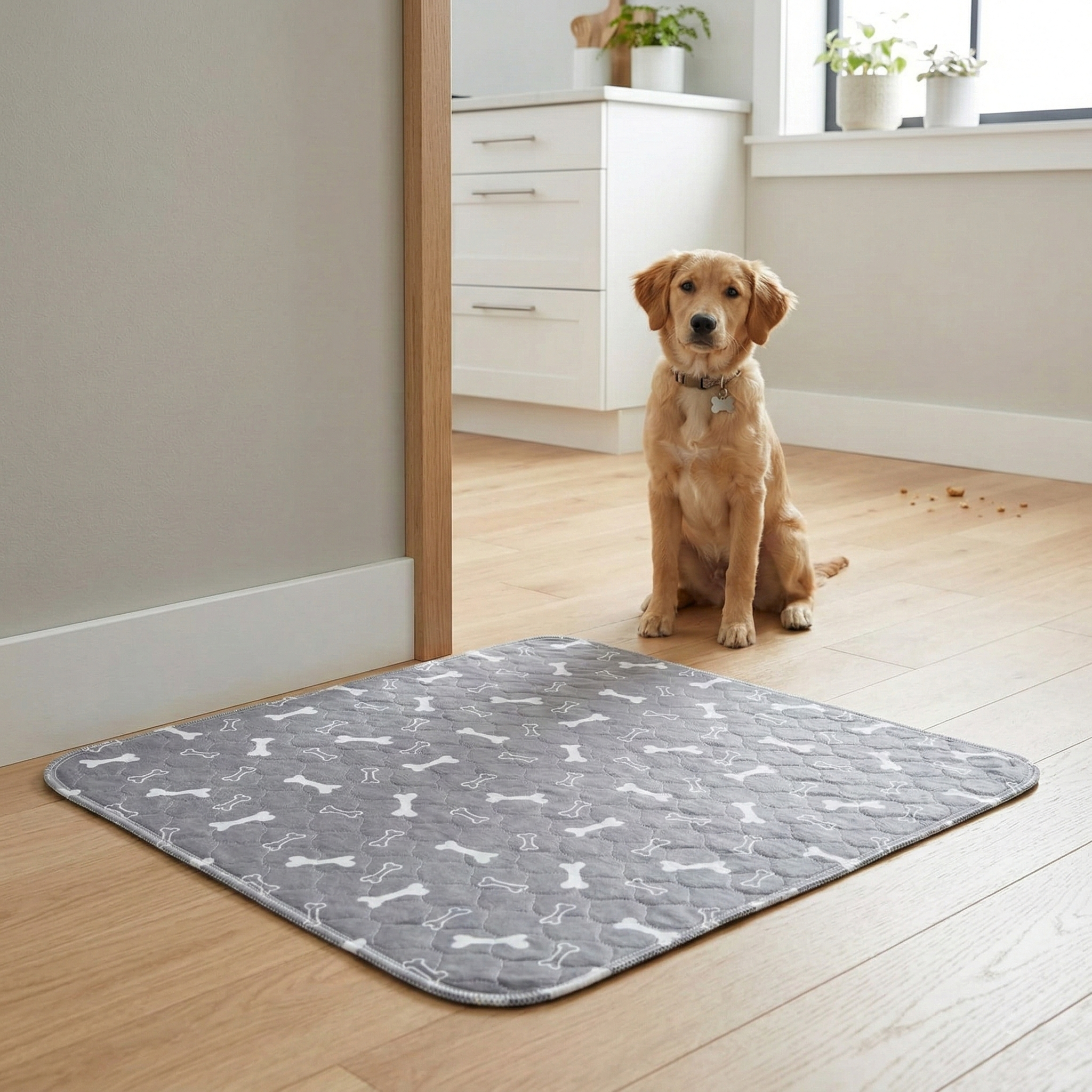 A golden retriever puppy sits on a wood floor behind a gray, quilted pad with a bone pattern.