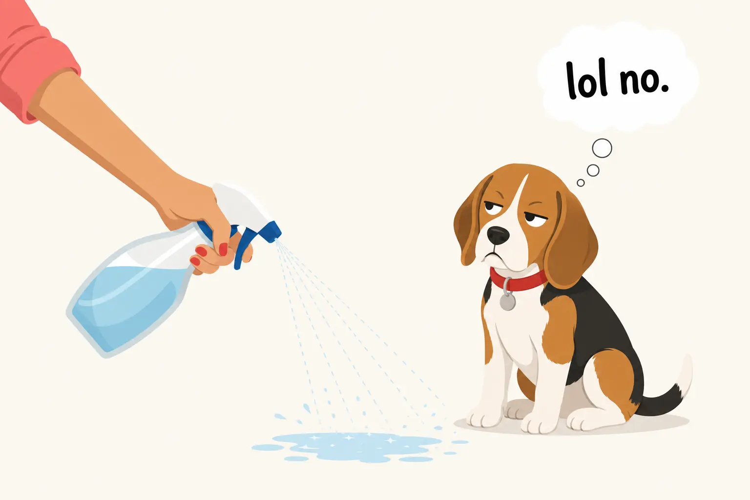 A cartoon illustration of a hand spraying a beagle with a water bottle, who looks unimpressed.