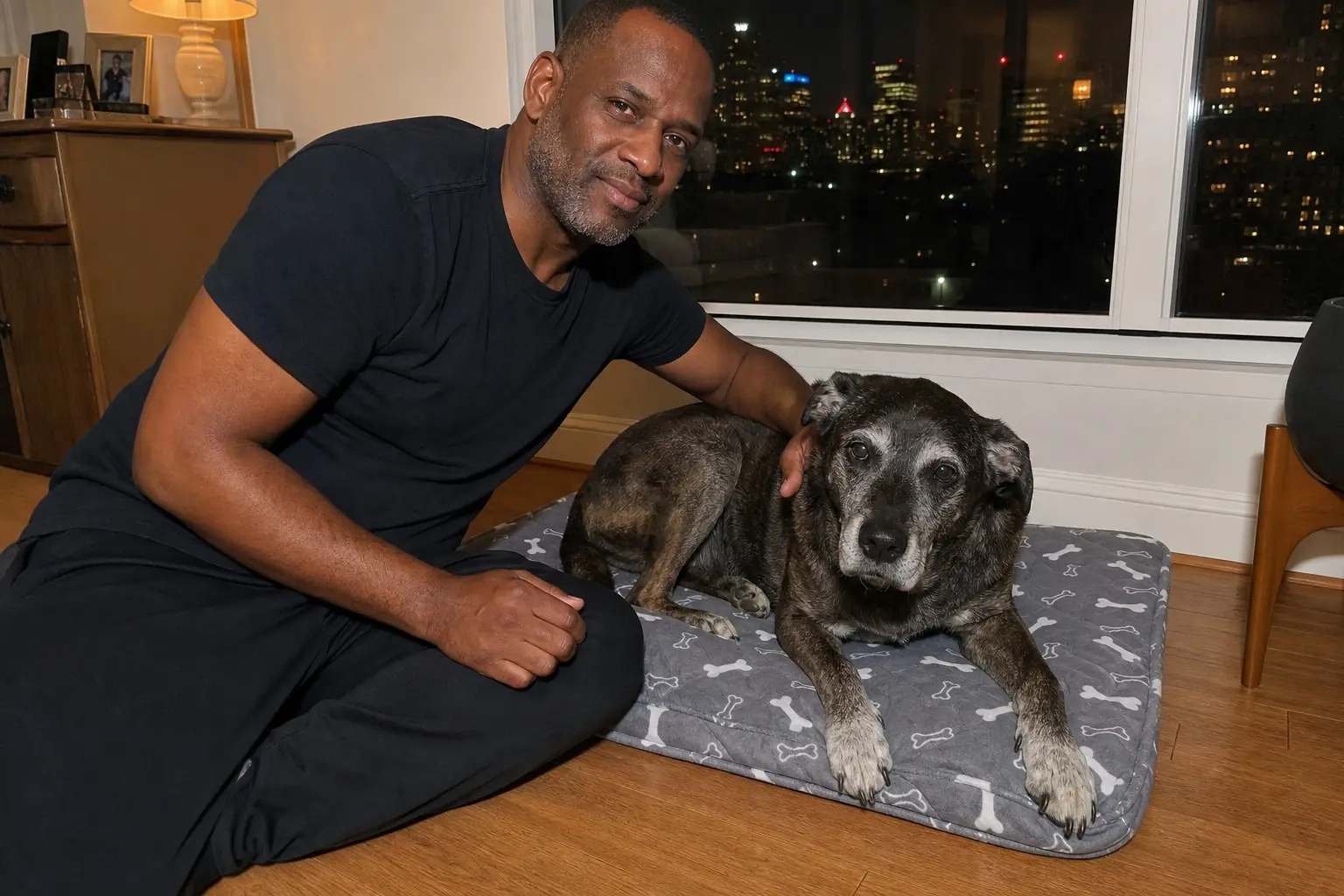 A man sits on the floor petting an elderly dog lying on its bed, with a city skyline at night.