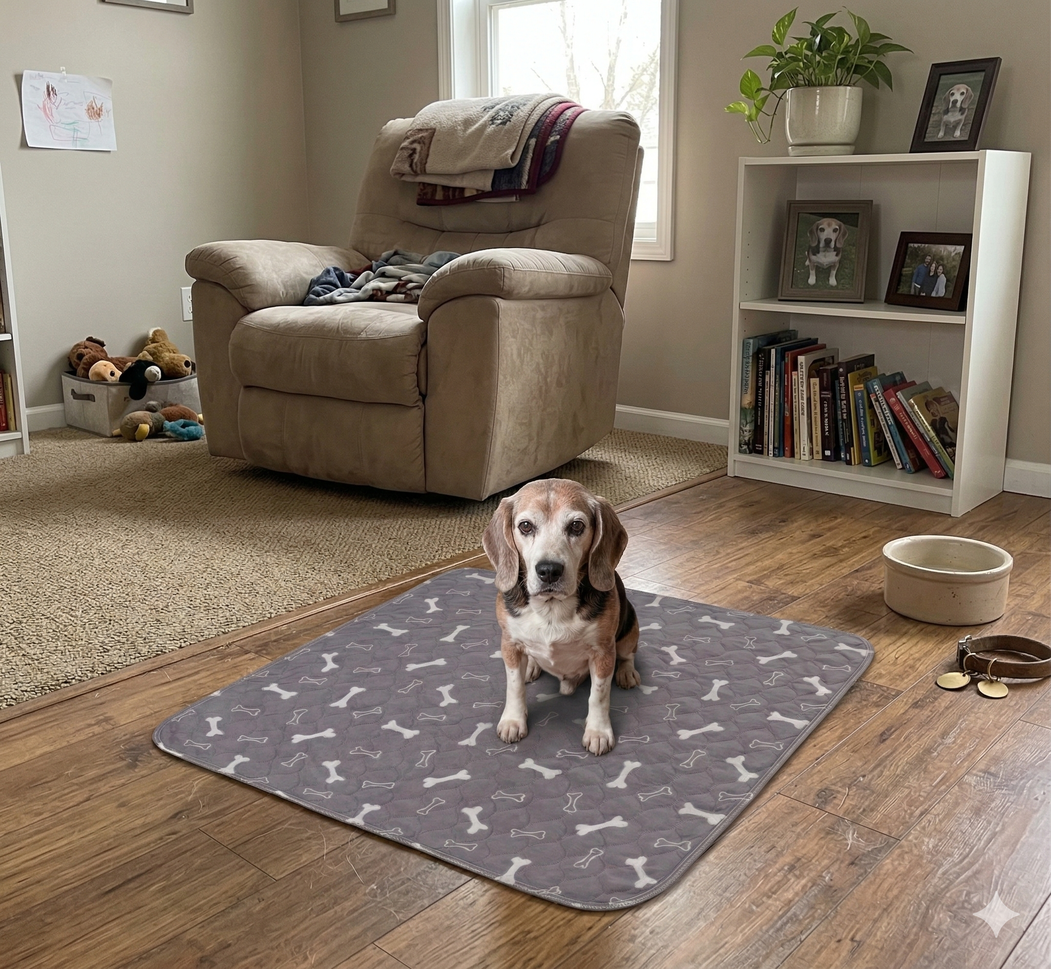 A beagle sits on a grey mat with a bone pattern next to a water bowl in a living room.