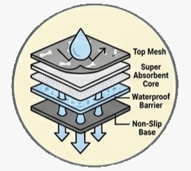 A diagram illustrating the four layers of an absorbent pad: top mesh, absorbent core, waterproof barrier, and non-slip base.