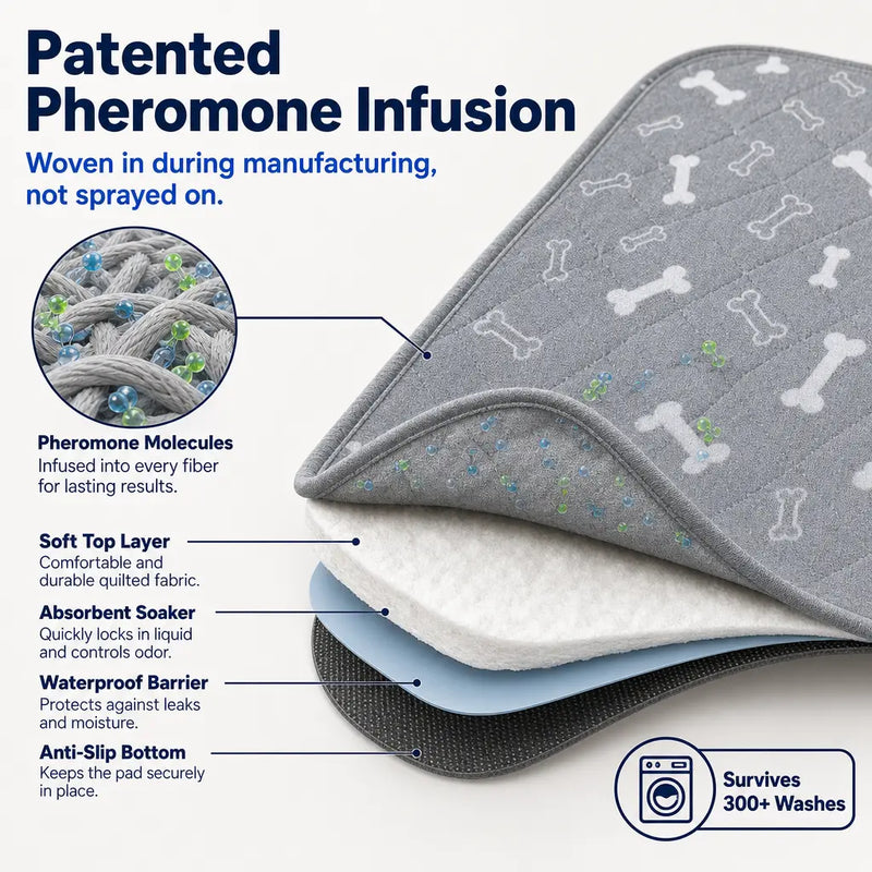 An infographic showing the five layers of a pheromone-infused, washable pet pad with a bone pattern.