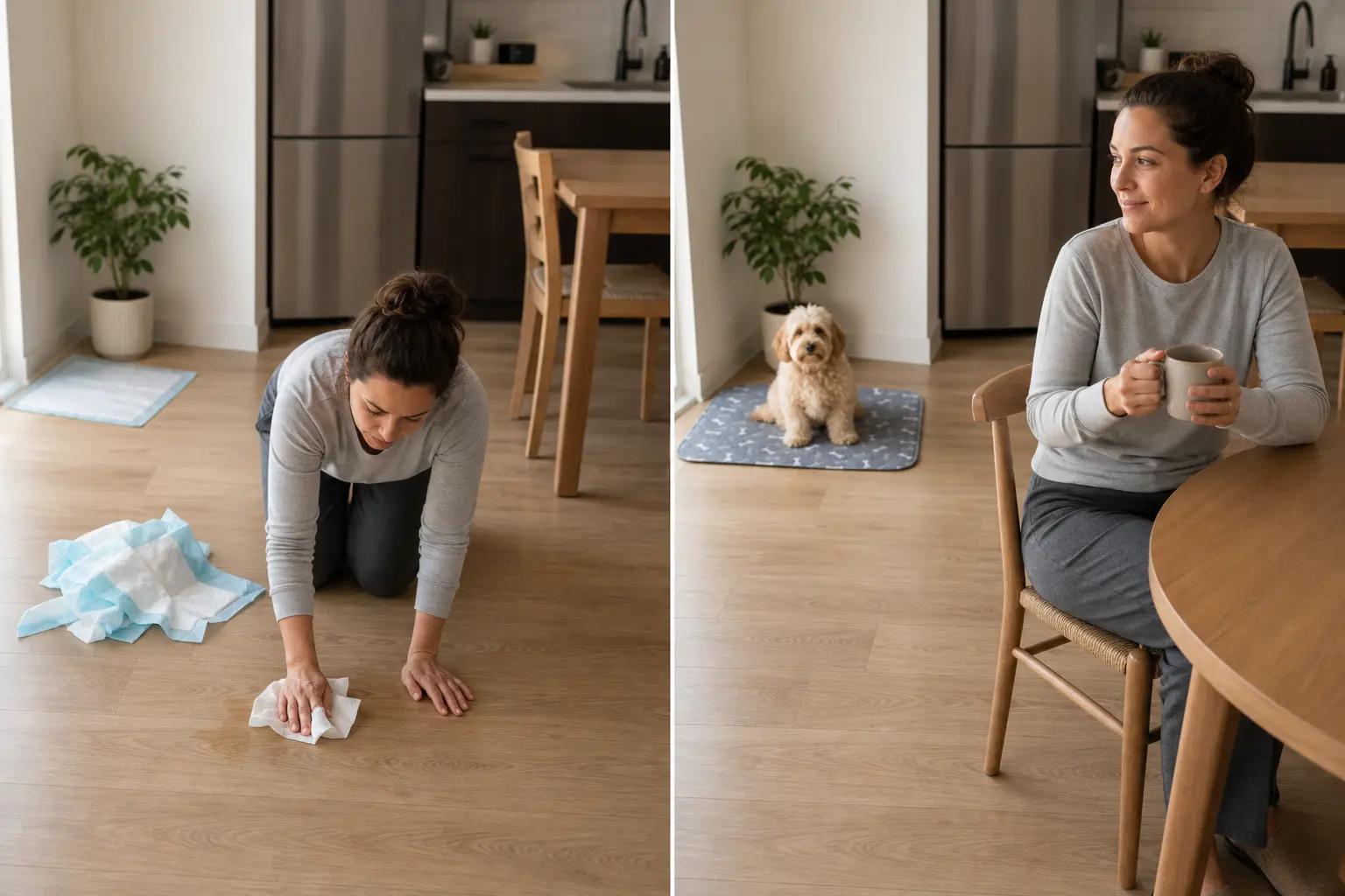 Split image shows a woman cleaning a puddle on the floor, then sitting at a table near her dog.