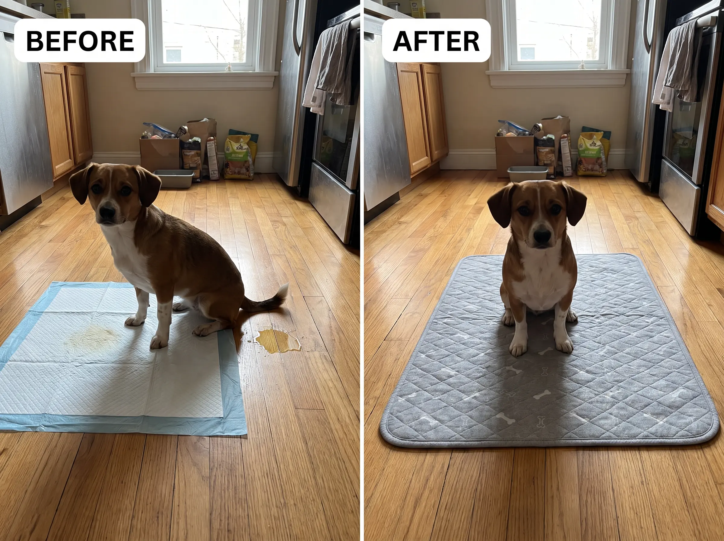 Before and after photos of a dog using a disposable pee pad versus a reusable, quilted one.