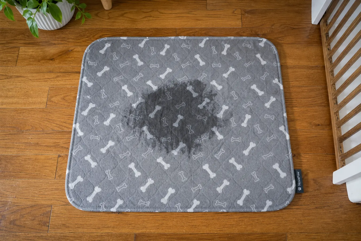 An overhead view of a wet, grey dog pee pad with a bone pattern on a wood floor.