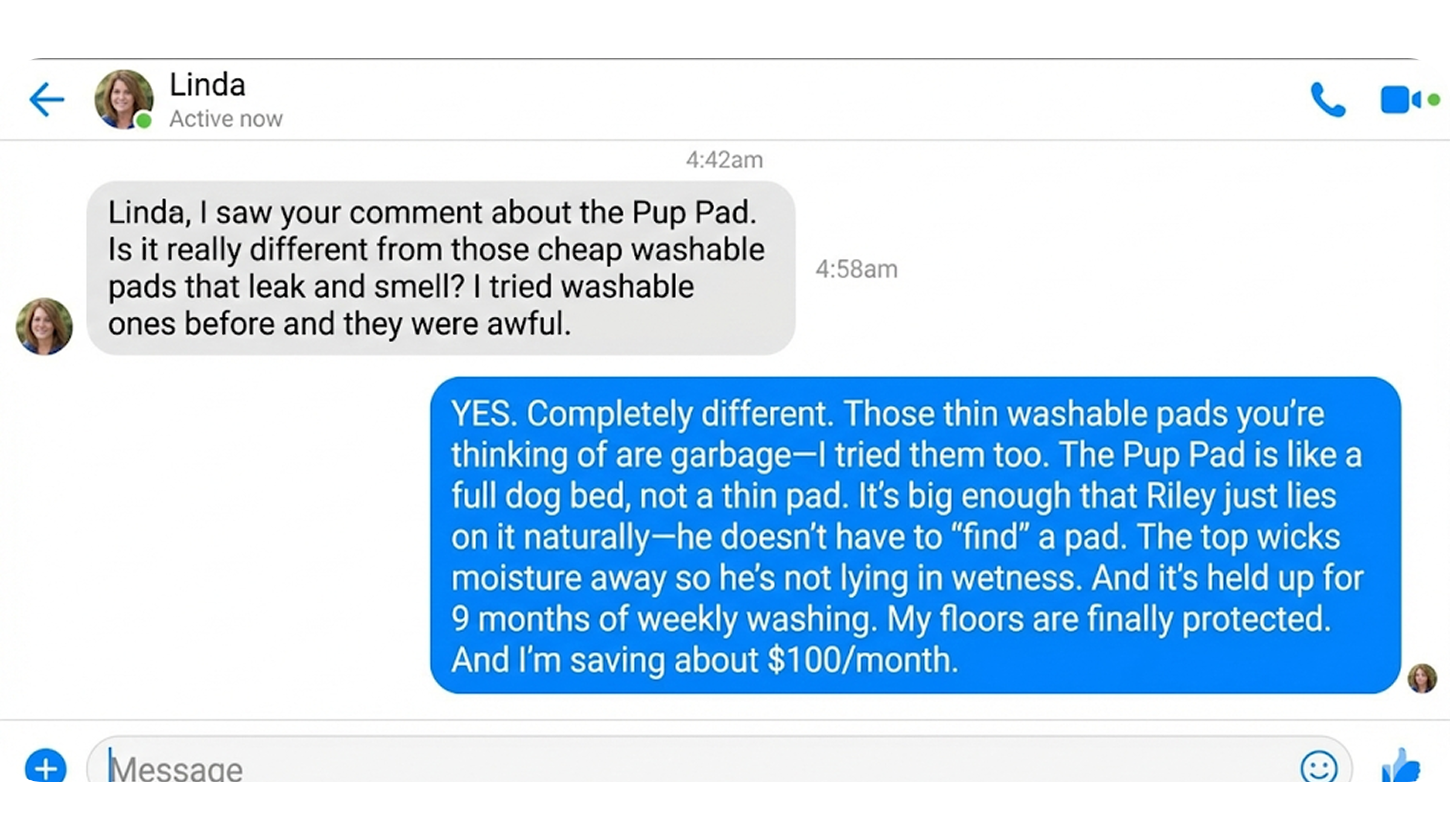 A screenshot of a text message conversation reviewing a product called the Pup Pad.