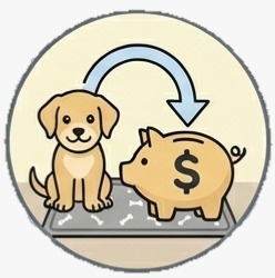 A cartoon puppy and a piggy bank, with a curved arrow pointing from the puppy to the bank.
