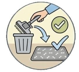 An illustration shows a hand emptying a vacuum brush into a trash can next to a clean mat.