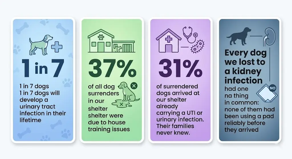 An infographic with statistics about dog urinary tract infections, house training issues, and surrenders to shelters.