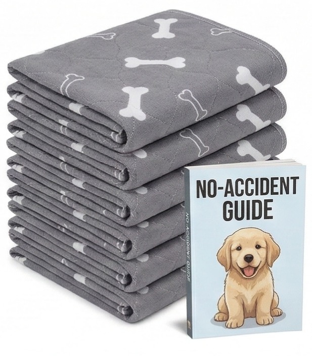 A stack of grey, bone-patterned pee pads next to a 'No-Accident Guide' book with a puppy illustration.