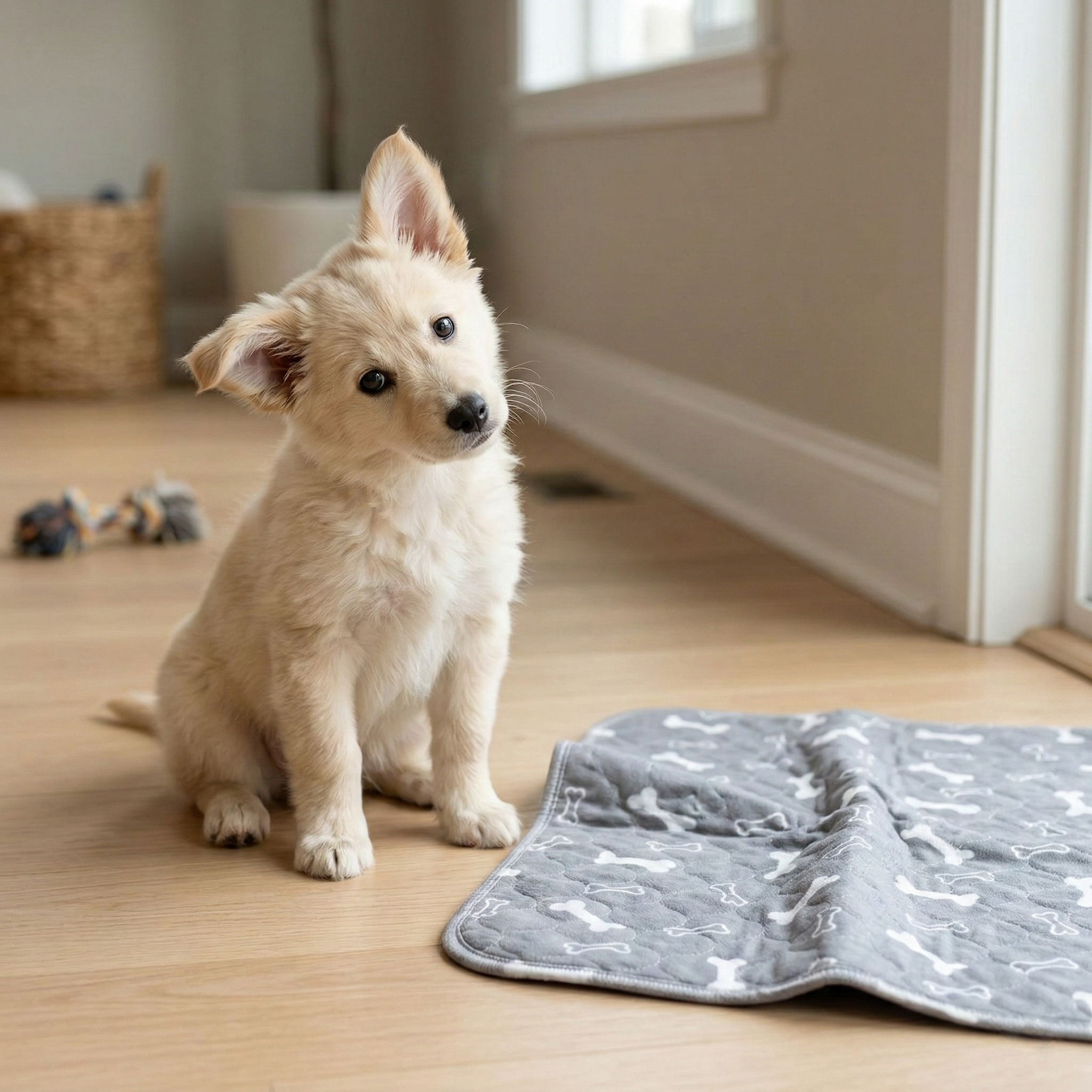 A small, light-colored puppy with one floppy ear sits on a wood floor, tilting its head.