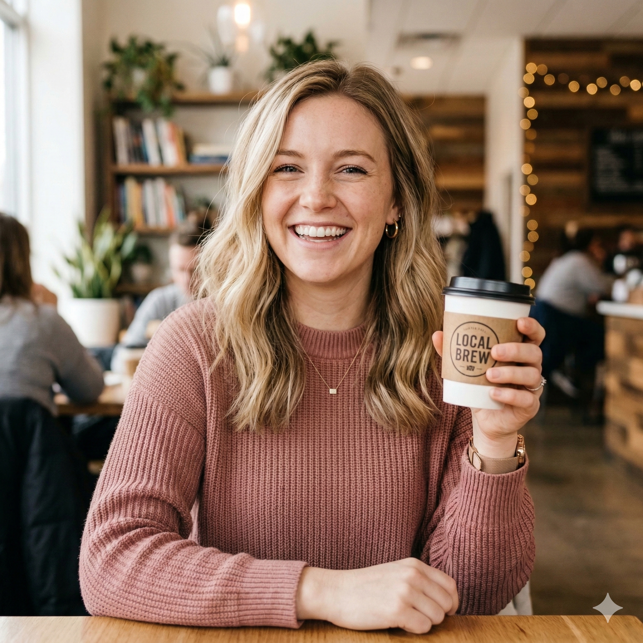 A smiling woman in a pink sweater sits at a table holding a coffee cup.