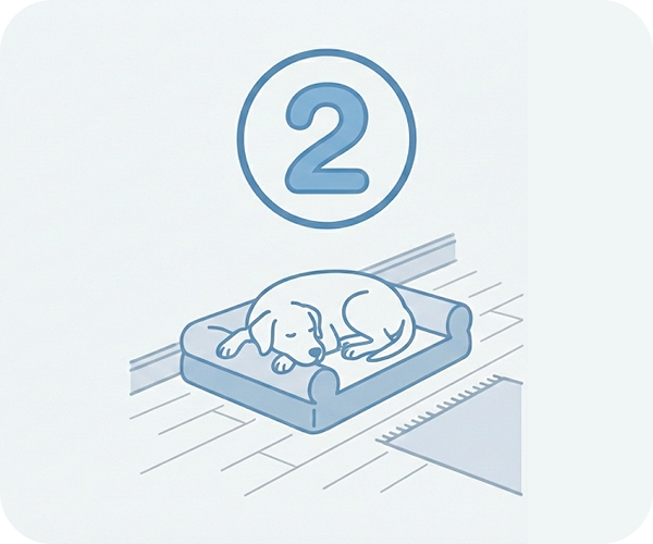 An illustration of a dog sleeping in a bed, under a circle containing the number two.