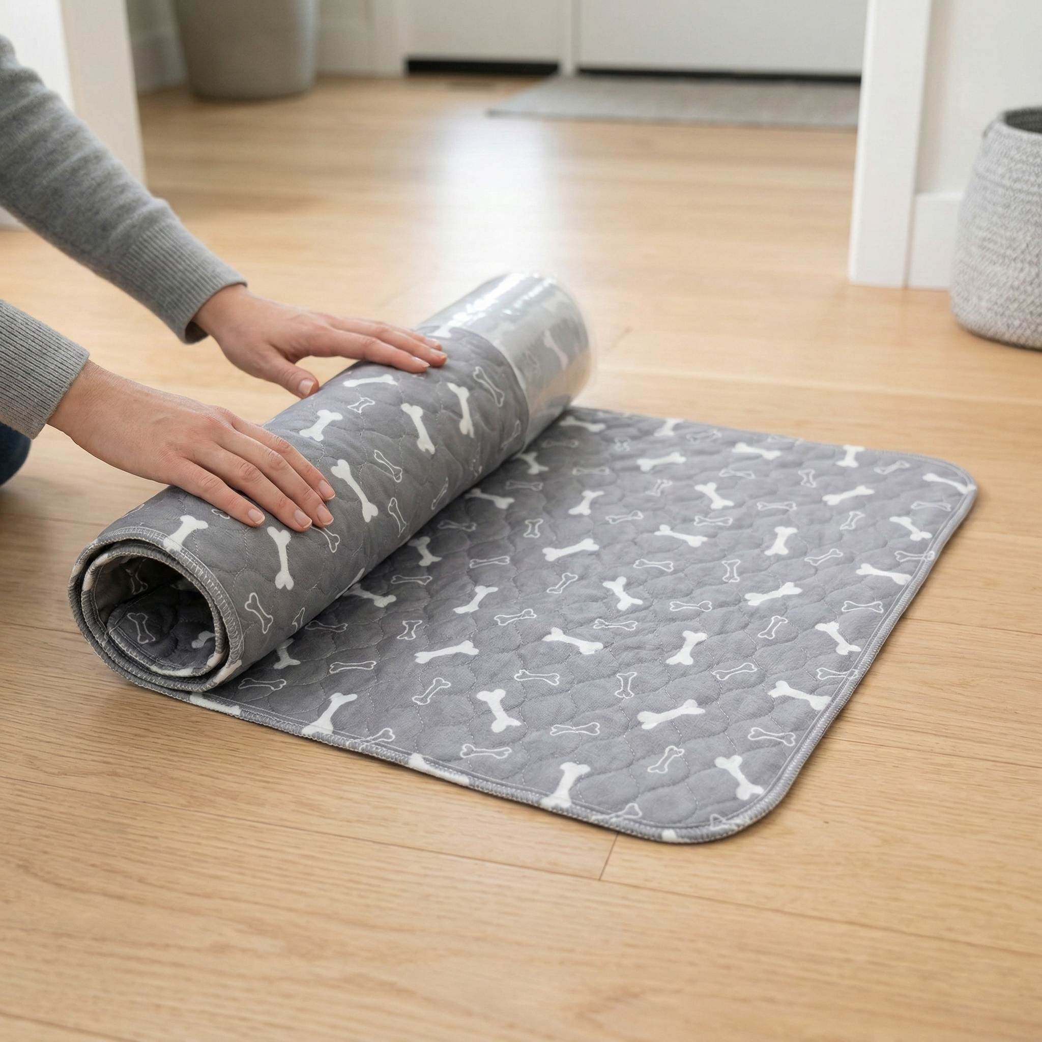 A person rolls up a grey mat with a white bone pattern on a light wood floor.