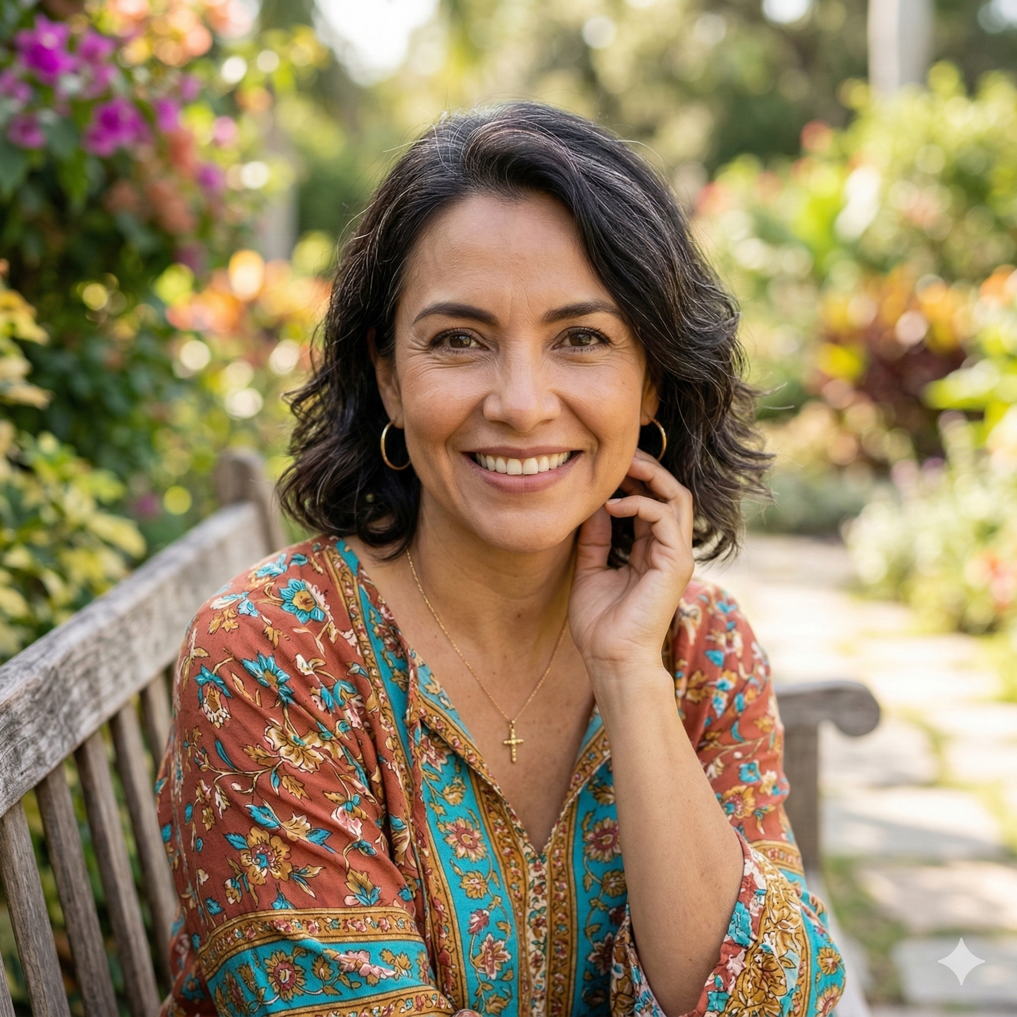 A smiling woman with dark, shoulder-length hair sits on a wooden bench in a garden.