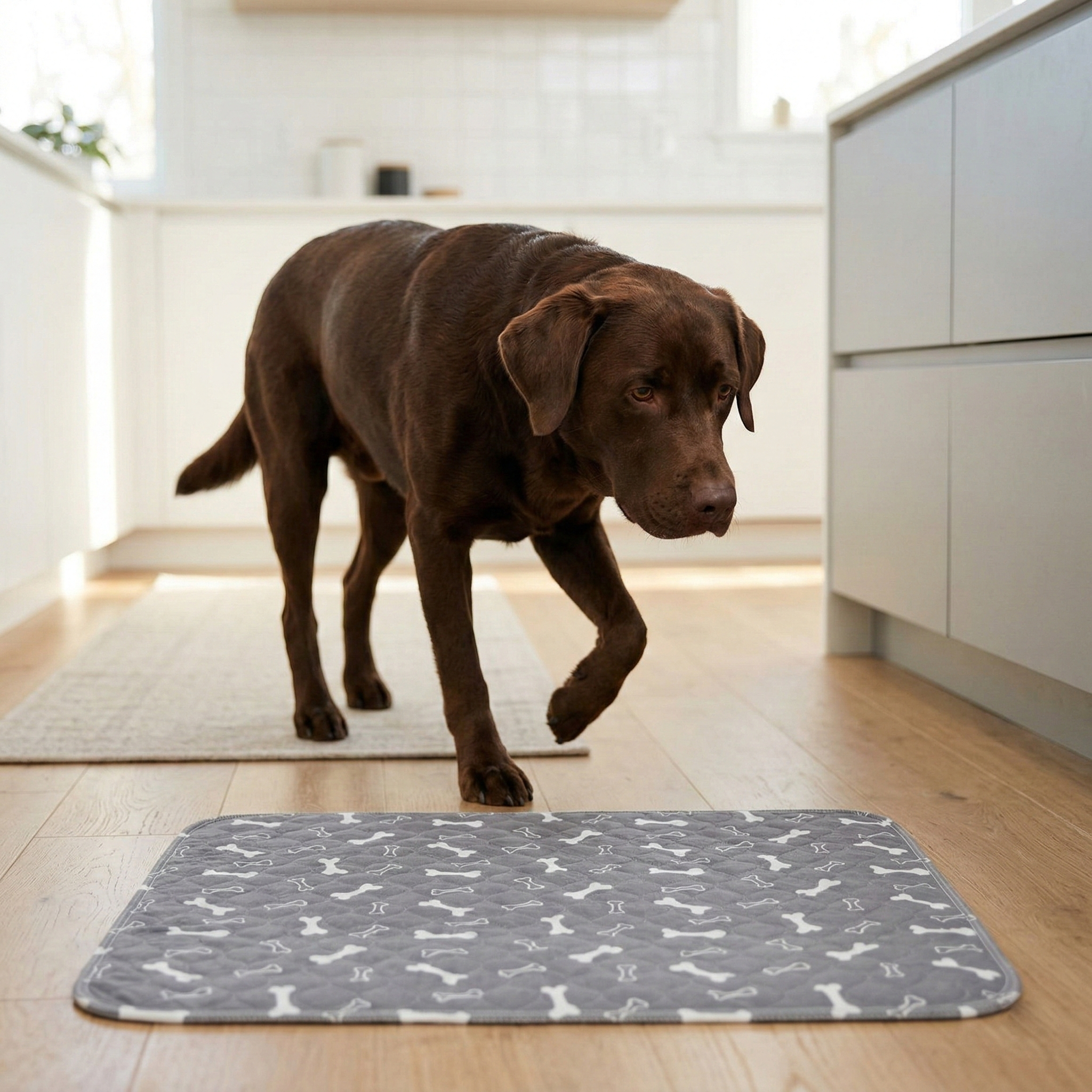 A chocolate labrador walks towards a grey, bone-patterned mat on a wooden kitchen floor.