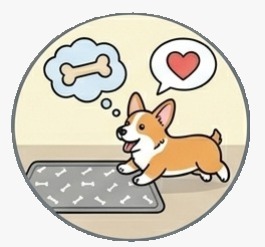 A cartoon of a happy Corgi with thought bubbles of a bone and a heart over a mat.