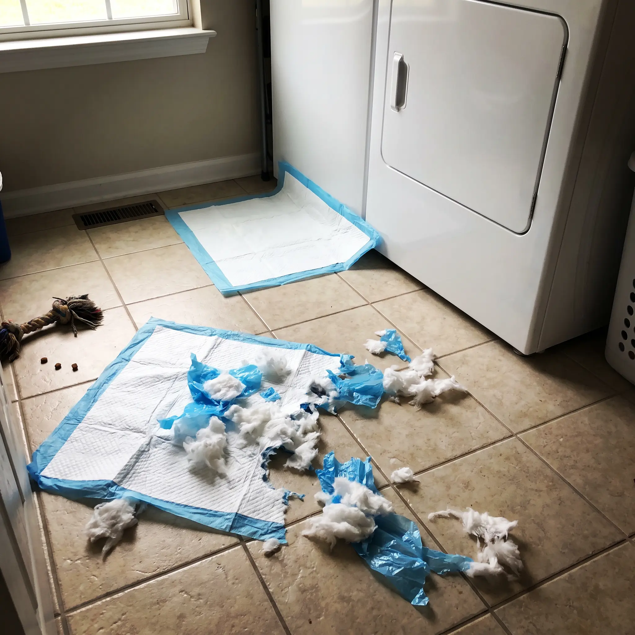 A puppy training pad torn to shreds on a tiled floor in a laundry room.