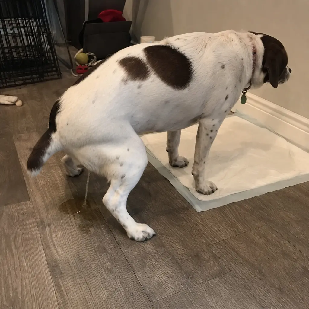 A white and brown dog urinating on the floor next to a pee pad.