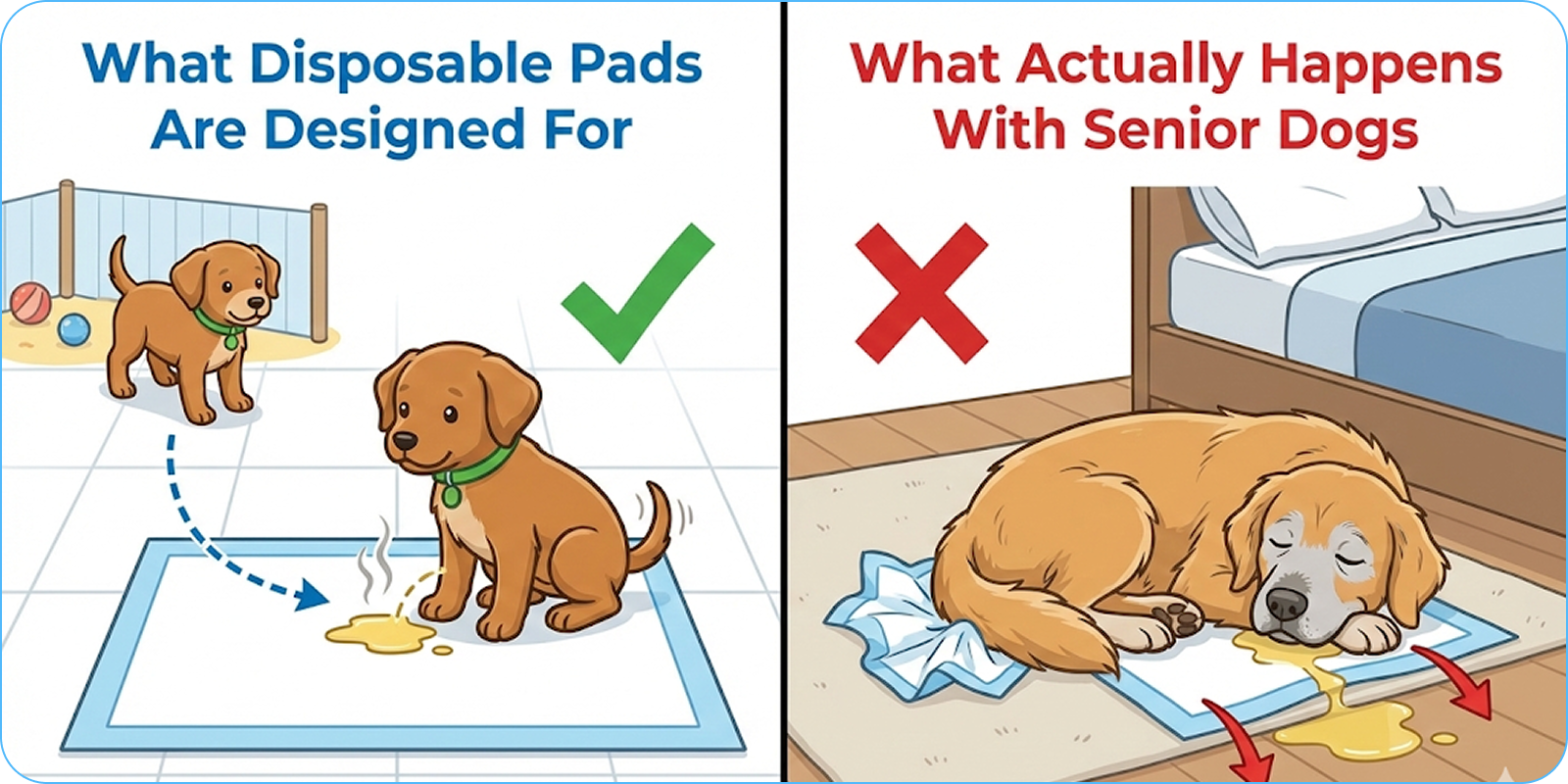 Infographic comparing how puppies and senior dogs use disposable pee pads.