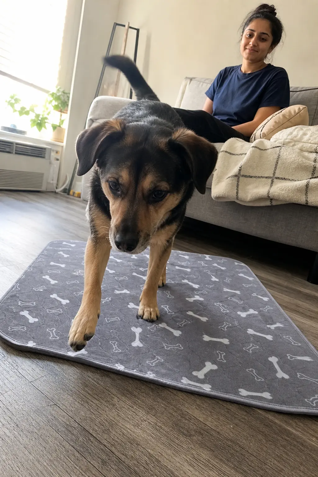 A black and tan dog walks toward the camera on a mat, with a woman sitting on a couch.