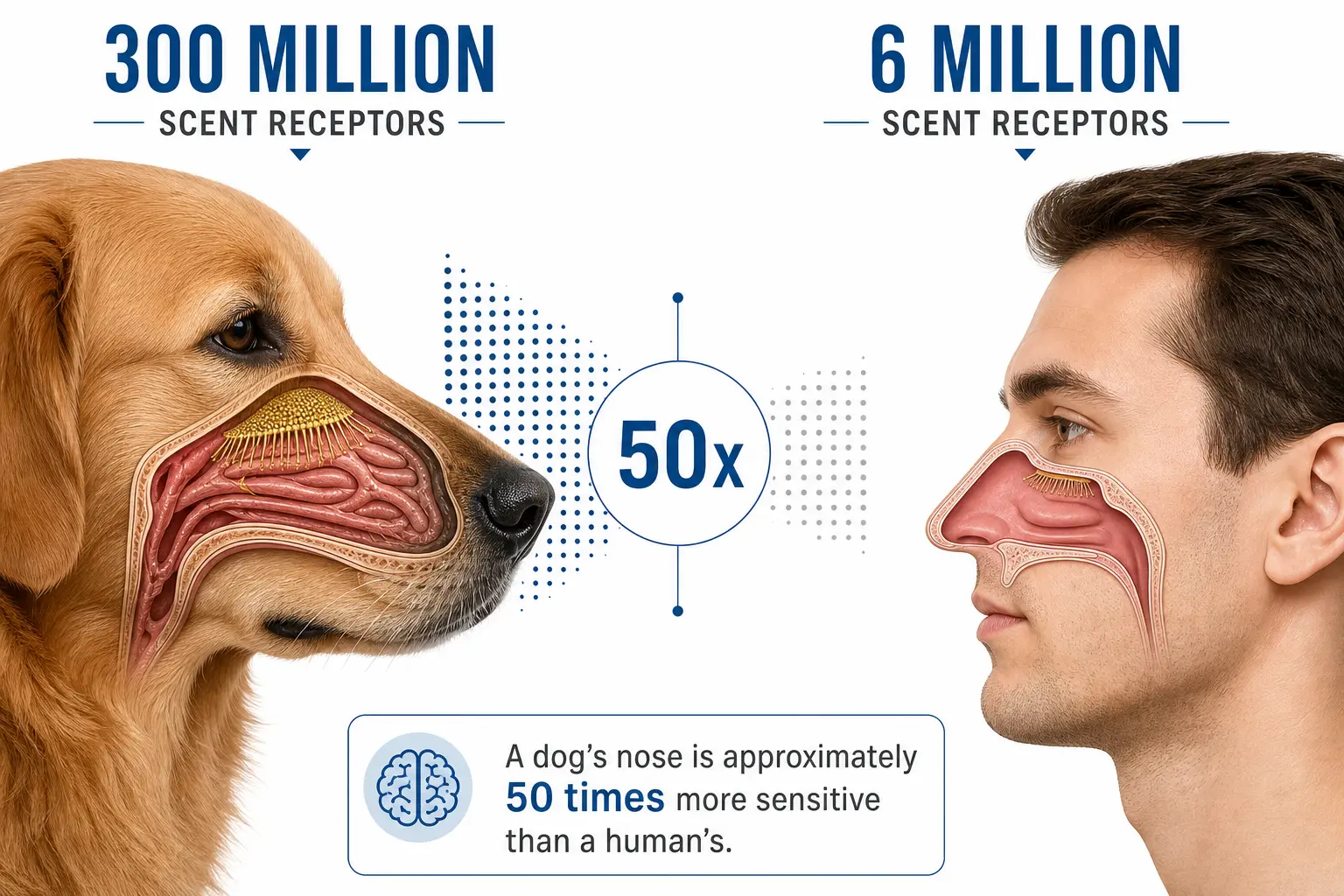 An infographic comparing the nasal anatomy and scent receptors of a dog versus a human.
