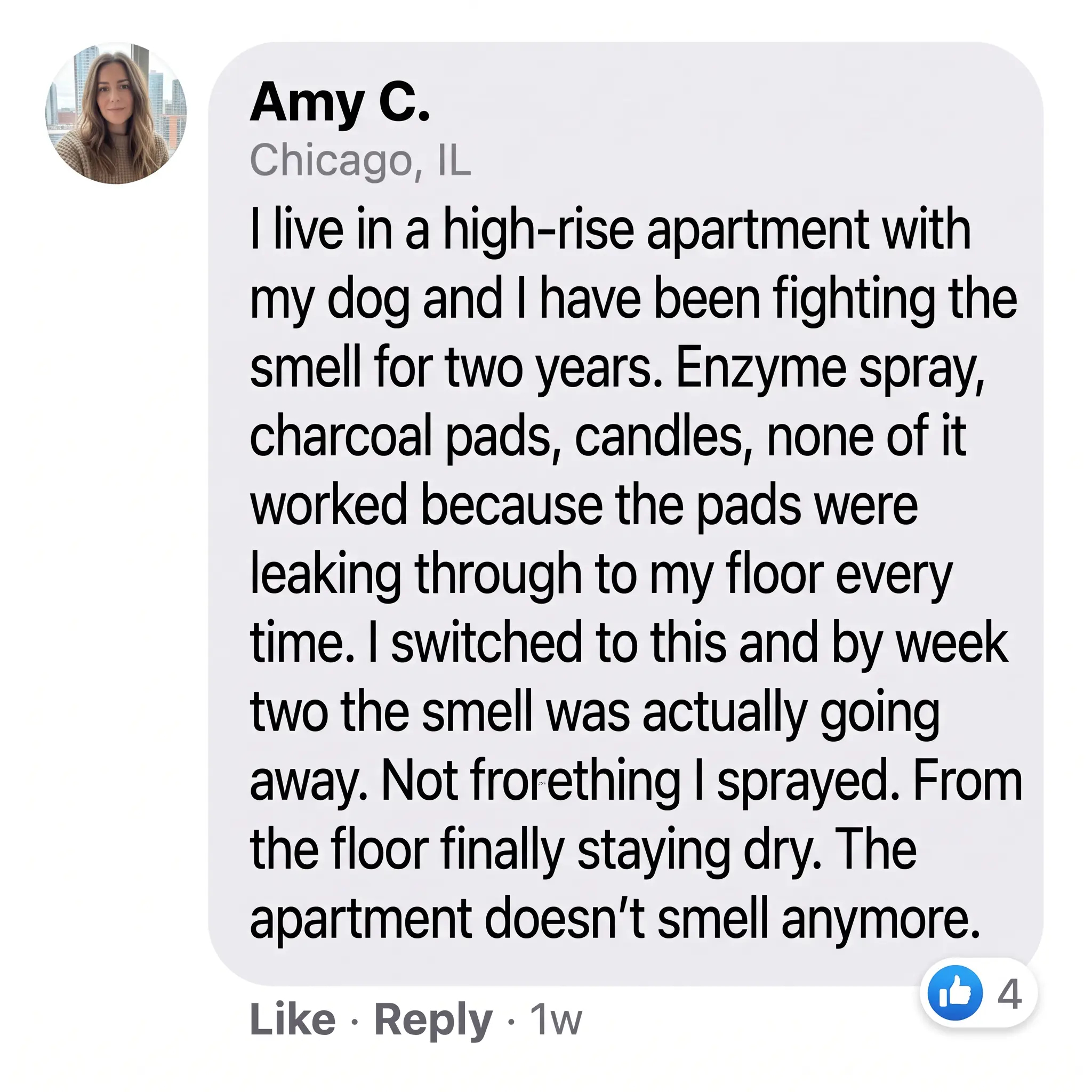 A screenshot of a customer testimonial from Amy C. about eliminating dog smells in her apartment.