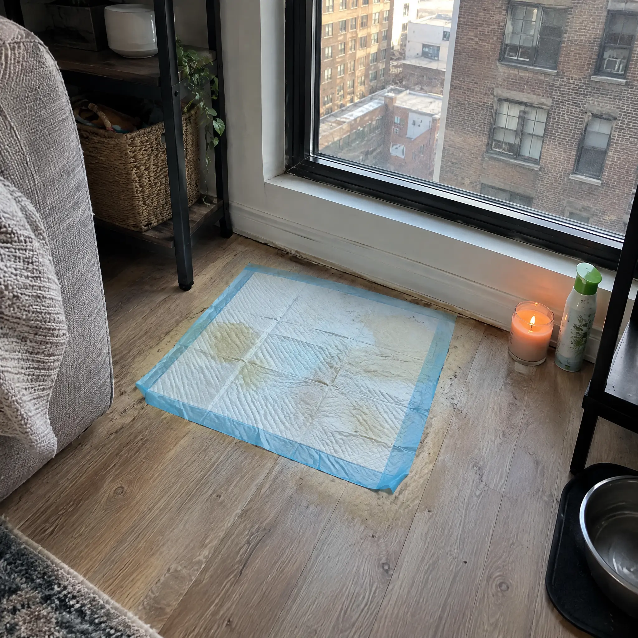 A soiled puppy training pad on a wood floor in an apartment next to a window.
