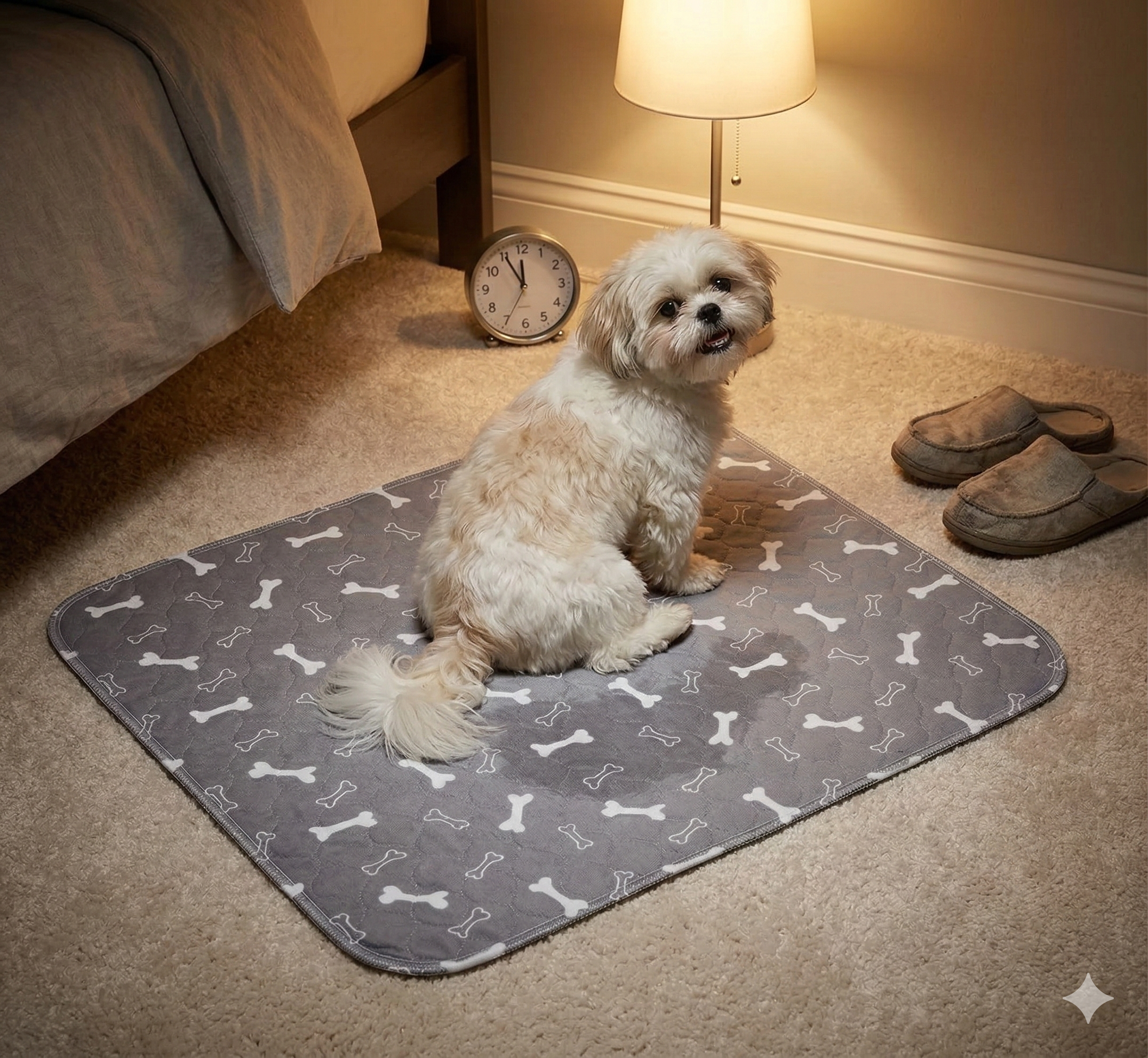A small, fluffy white dog sits on a gray, bone-patterned puppy pad on a carpeted bedroom floor.