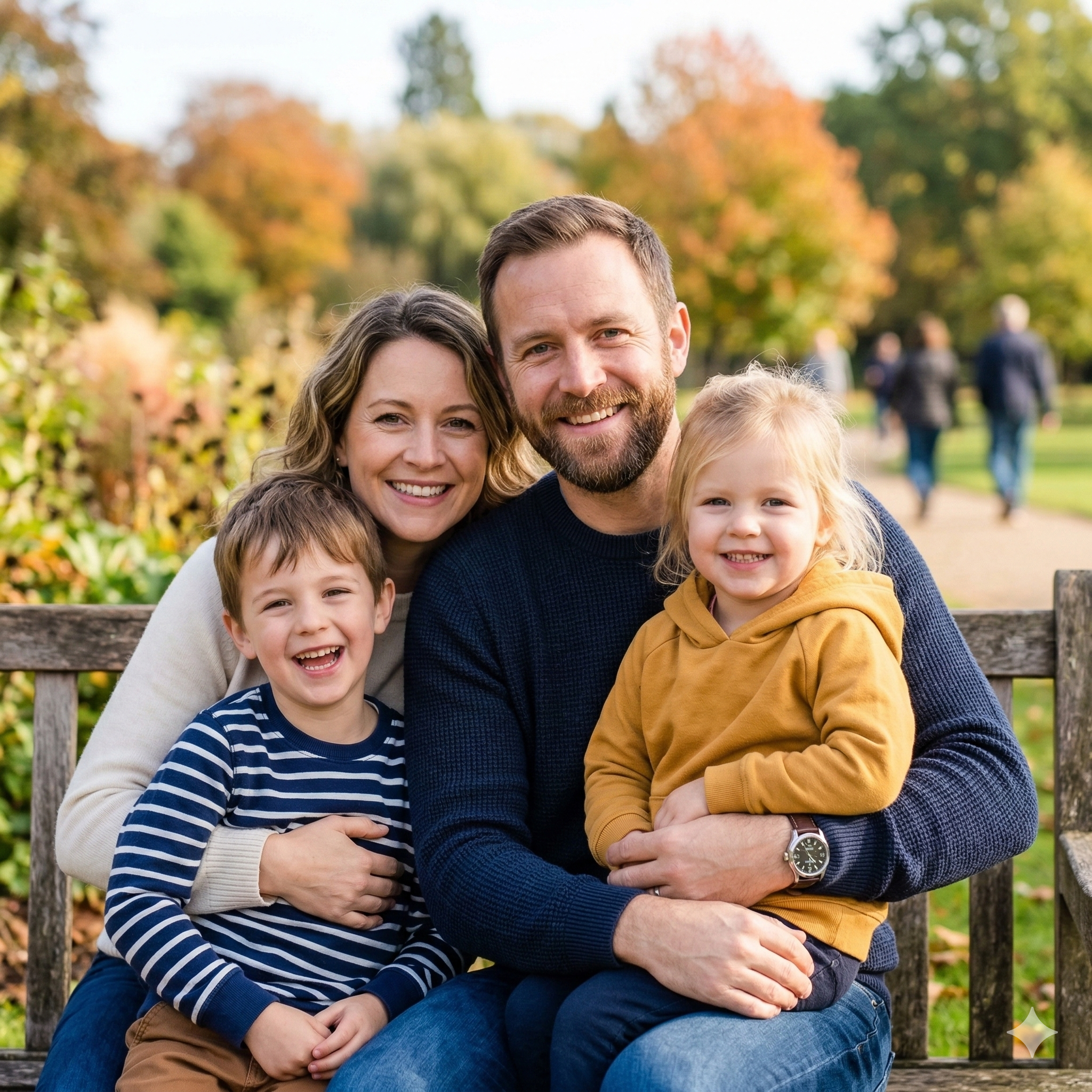 A family of four sitting on a park bench, smiling for an autumn portrait.