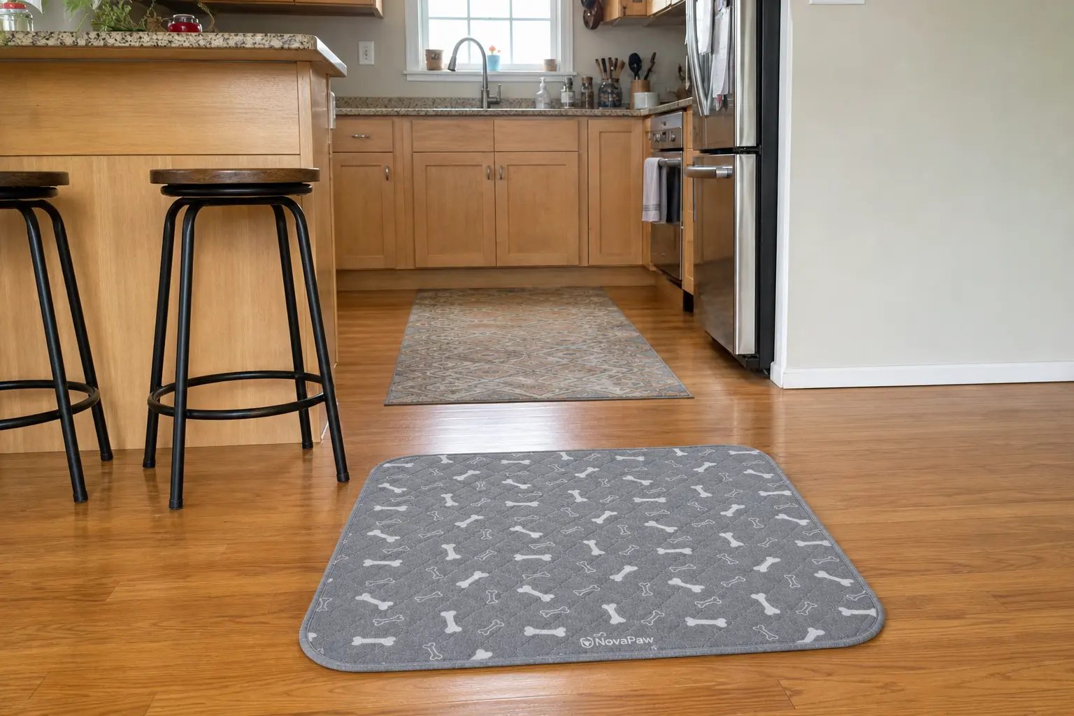 A gray dog mat with a white bone pattern on a hardwood floor in a kitchen.