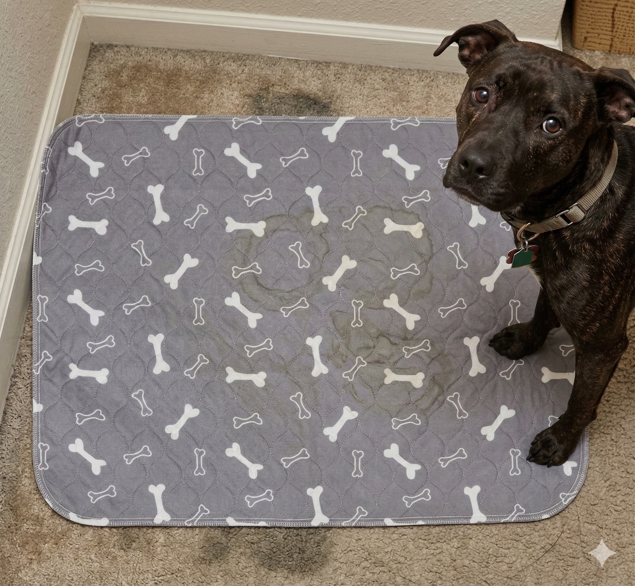 A brindle dog sits next to a soiled, bone-patterned pee pad on the floor.
