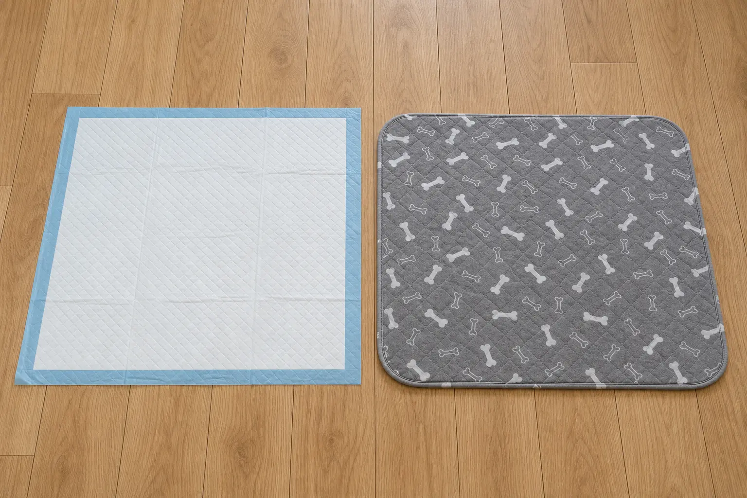 A disposable puppy pad and a reusable gray pad with a bone pattern on a wooden floor.
