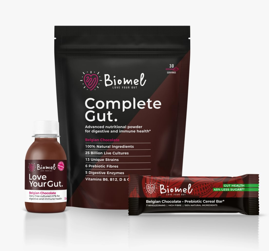 Three Biomel products: a powder, a drink, and a cereal bar, all labeled 'Complete Gut.'