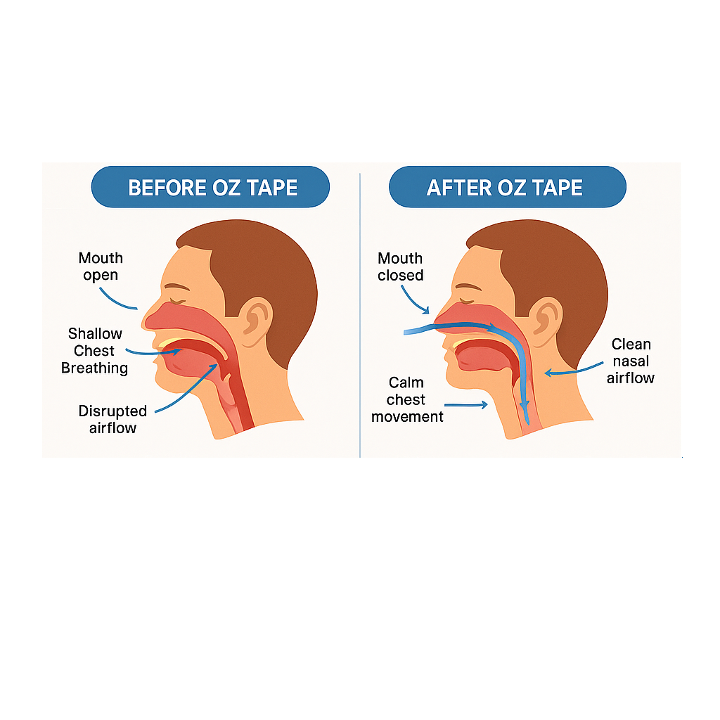 Diagram comparing breathing before and after using tape, showing airflow and mouth position.