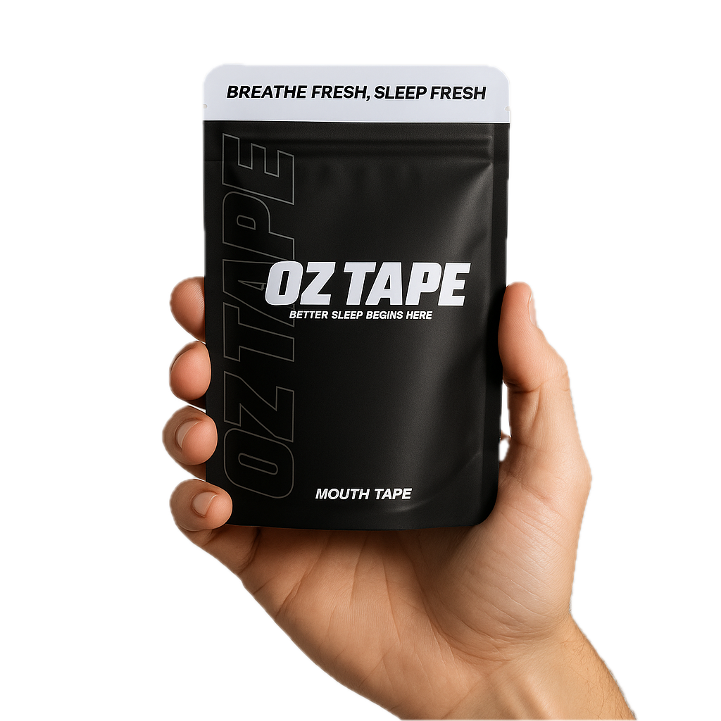 Hand holding a black package labeled 'OZ TAPE' with sleep-related text.