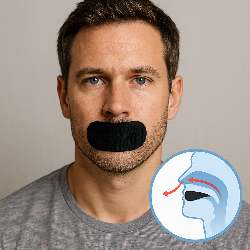Man with mouth covered by black patch, diagram of nasal airflow.